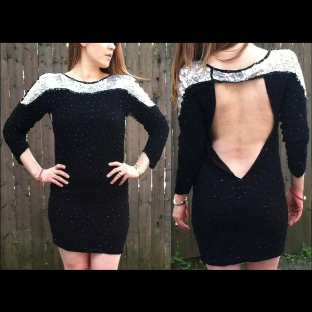 Vintage NWT Antik Batik retro sequined power shoulder cutout back mini dress